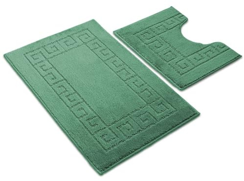 Ambience Products Badematten mit griechischem Schlüsselmuster, rutschfest, weich, waschbar, schnell trocknend, wasserabsorbierend, Badezimmer-Duschmatte und WC-Vorleger, 2-teiliges Set, Grün