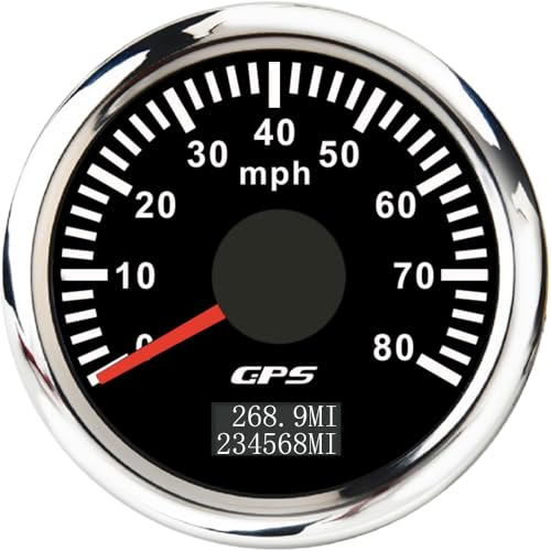 ELING 52 mm GPS-hastighetsmätare 0–80 mil per timme, odometerräknare med 7 färger, bakgrundsbelysning, 12 volt, 24 V, för grävmaskinsyachter (svart + rostfritt stål, 0–80 MPH)