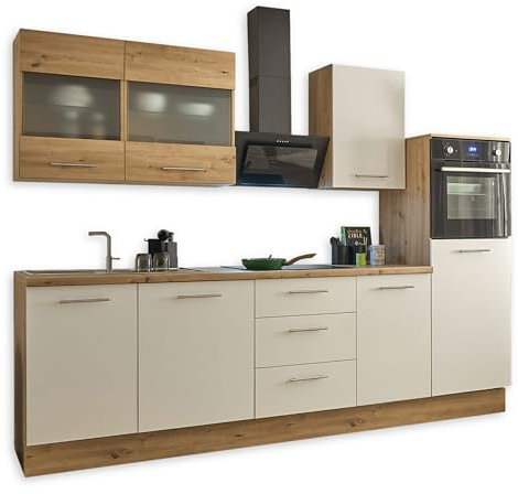 Capri Moderne Küchenzeile ohne Elektrogeräte in Weiß, Artisan Eiche Optik FSC-Zertifiziert - Geräumige Einbauküche mit viel Stauraum - 280 x 168 x 58 cm (B/H/T)