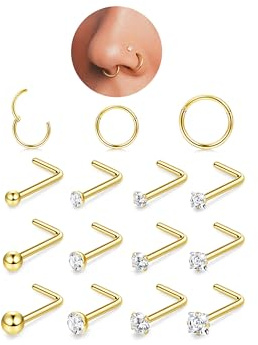 FIOROYAL 20G Piercing Nariz Oro,L Forma Piercing Nariz Acero Quirurgico,18G Clicker Piercing Nariz Aro 6/8/10mm,Piercing Helix Nostril Pendientes Nariz para Mujer Hombre