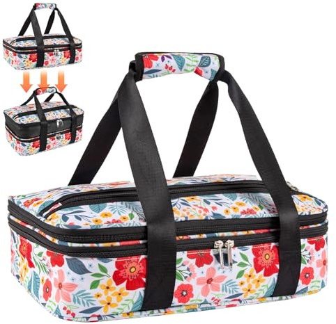 Double Decker Casserole Carrier Fits Pioneer Woman Kitchen Stuff & 9x13 Baking Dish, Expandable Lasagna Lugger Tote, Leakproof Thermal Food Warmer Bag for Potluck, Travel, Hot/Cold Food & Mom Gifts