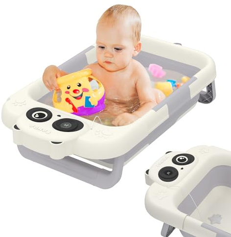 UISEBRT Babybadkar vikbart med termometer och stödkudde, babybadkar, bärbart, vikbart badkar för nyfödd för barn från 0 till 12 månader (typ A, panda)