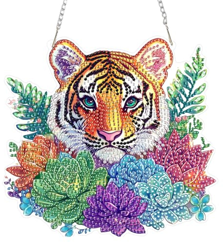 DOMROM Hanging Diamond Art Painting Kit Tiger, Special Shaped Crystal Gem Craft Diamond Painting Pendant Kit for Adults, DIY Succulent Hanging Acrylic Diamond Art Ornament Kit for Home Garden Decor