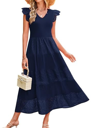 GRACE KARIN Women‘s Casual Summer Dress Lace Flutter Sleeves Sundress Long A-Line Maxi Blue Dress for Ladies