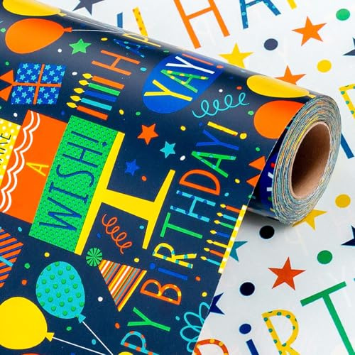 Wikadlik Carta da regalo di compleanno blu scuro, 43 cm x 10 m, mini rotolo di carta da regalo colorata con scritta Happy Birthday, per feste e celebrazioni