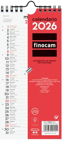 Finocam - Calendrier mural 2026 Disposition mensuelle Janvier - Décembre 2026 12 mois | Calendrier 2026 pour les annotations | Planner mensuel Neutre - Italien, Mur écrire, Long S - 110x235 mm