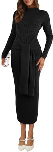 Saodimallsu Womens Long Sleeve Midi Sweater Dress Bodycon Mock Neck Ribbed Knit Tie Waist Fall Long Dresses Black