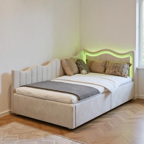 Barnsäng 90x200 med LED-belysning, bäddsoffa 90x200 med hydrauliskt förvaringsutrymme och sänggavel, enkelsängram med ribbotten, sammet (utan madrass)