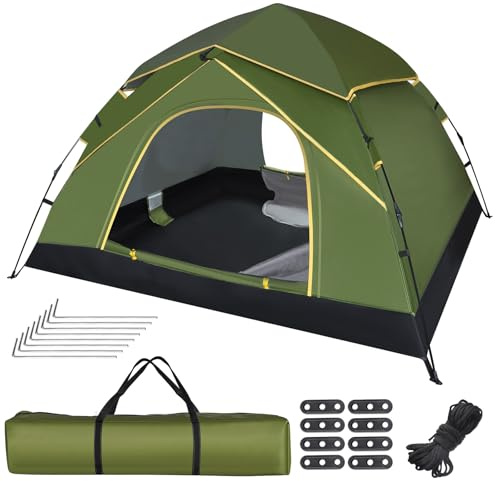 Jaztral Tente de camping pour 3 à 4 personnes, pop-up automatique, avec double portes, imperméable et coupe-vent, 3-4 saisons, tente d'extérieur pour famille, trekking et camping, vert olive