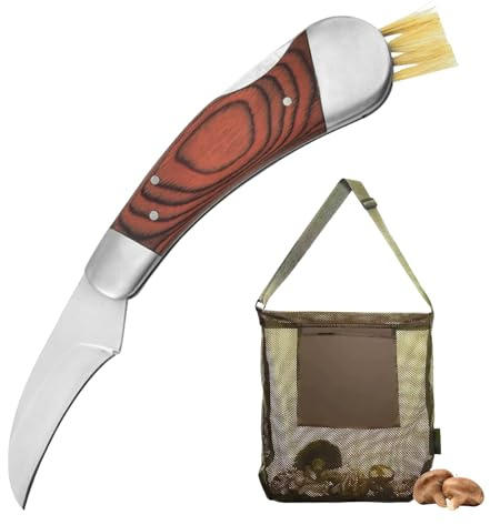 SUNOYA Cuchillo de seta con cepillo y bolsa, 19 cm, recolector de setas, cuchillo de bolsillo de acero inoxidable, navaja plegable, cuchillo de esponja con cepillo para exteriores y camping