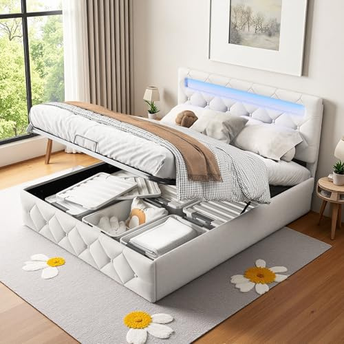 Zorvani Letto imbottito 140 x 200 cm a LED, con rete a doghe e testiera regolabile in altezza, letto matrimoniale, letto funzionale, senza materasso
