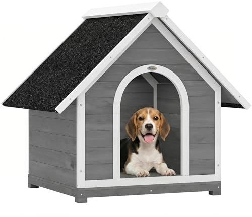 PawHut Niche pour Chien Extérieur en Bois Ouvrant 84x101x86 cm Gris/Blanc