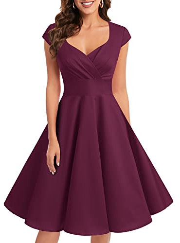 bbonlinedress 1950er Vintage Retro Cocktailkleid Rockabilly V-Ausschnitt Faltenrock Burgundy L