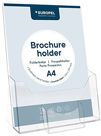 Europel Prospekthalter Aufsteller - Acryl Prospektständer - DIN A4 - Transparent - Broschürenständer für Büros - Broschürenhalter im Hochformat für Menü, Faltblatt, Flyer