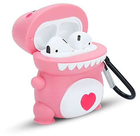 Cadorabo Funda Protectora Compatible con Apple AirPod 1 & 2 - Funda de Silicona portátil para Auriculares Llavero 3D - en diseño Love Diosaur Pink - Estuche para Tapones para los oídos