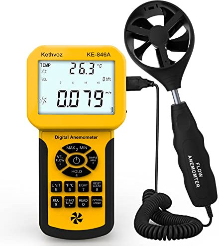 CFM Anemometer Digitaler Windmesser, Kethvoz HVAC Industrie Windmessgerät Messen Windspeed Luftstrom Temperatur,mit MAX/MIN/AVG & 600 gruppen Datenspeicher, Windgeschwindigkeitsmesser KE-846A