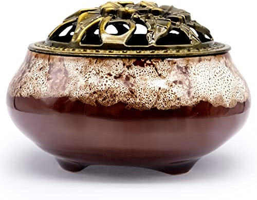 Räuchergefäß, Räuchergefäß Keramik Mit Metall Deckel, Rund Chinesisch Porzellan Räucherschale für Home Wohnzimmer Meditationsraum Office