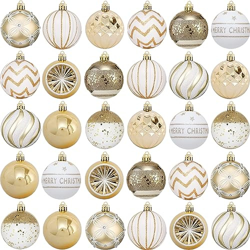 Adornos de Navidad Decoracion 30Piezas Doradas y Blanco,Arboles de Navidad Bolas de Plastico,Adornos Navideños para Arbol Estrella Colgantes de Paja Ornamentales de Navidad