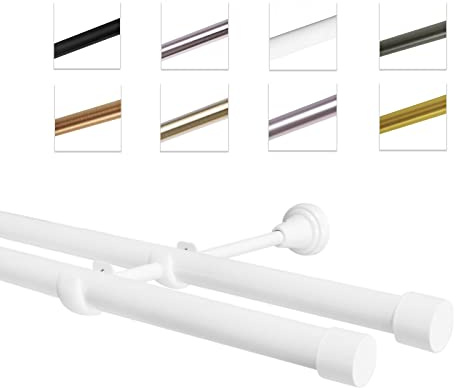 MDEKOR Tringle à rideaux 160 cm à double tringle - Pour montage mural - Blanc - En métal - Diamètre : 19 mm