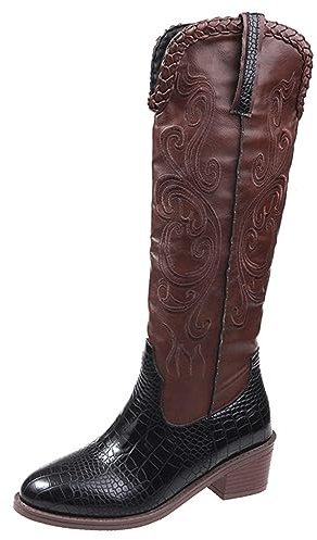 Botas de Montar en Motocicleta de Cuero para Mujer,Botas de Trabajo clásicas Antideslizantes,Botas Occidentales Tradicionales de Patchwork Bordadas para Turismo,Negro,40 EU