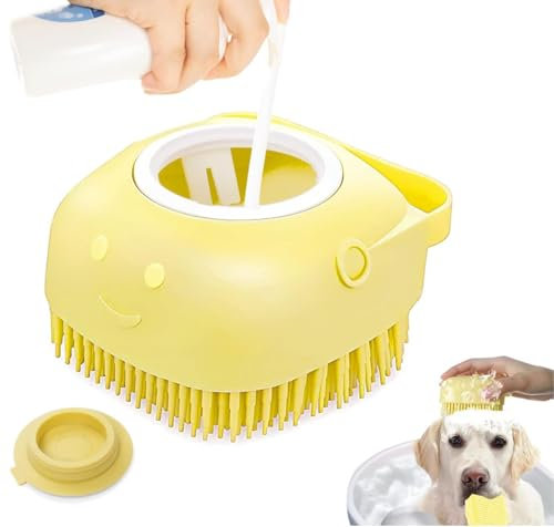 LEO-PAUL Brosse de Bain Démêlante en Silicone pour Chiens à Poils Courts et Longs Accessoire de Toilettage de Massage et Nettoyage Rapide avec Réservoir et Distributeur d'Eau et de Shampoing (JAUNE)