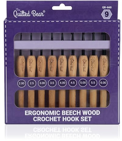 The Quilted Bear Beech Wood Crochet Hooks Set – Set of 9 Ergonomic Crochet Hooks with Stylish Beech Wood Handles & Durable Steel Hook Heads (2mm - 6mm)