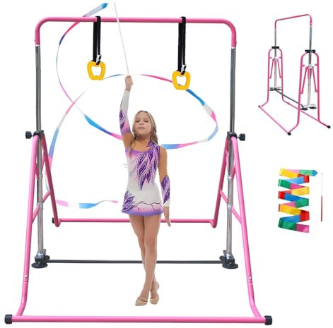 Kegoupdys Barre de Gymnastique Pliable pour Enfants Barre de Gymnastique Horizontale avec Anneaux de Gymnastique Barre de Gym avec Hauteur Réglable 5 Niveaux 115 à 155 cm