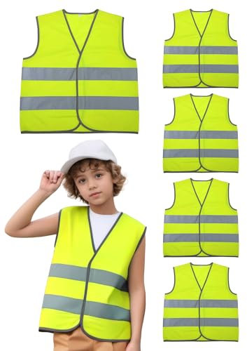 Adigau Gilet Riflettente Bambini Set Personalizzato Hi-Vis Gilet di Sicurezza Gilet Leggero Traspirante Design Strisce Riflettenti Per Sicurezza, Confezione da 5 giall, 13-15 anni