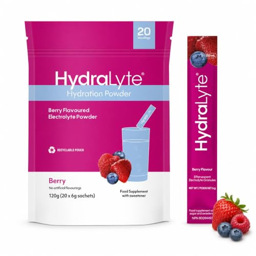 Hydralyte Hydration Effervescent Electrolyte Sachets, 20 Berry Sticks | Supports Hydration During Heat, Travel & Exercise, Berry Flavour, Low Sugar, Vegan, No Artificial Colours or Preservatives