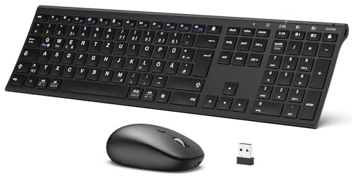 iClever Bluetooth-tangentbord med uppladdningsbar mus, dubbelt USB- och bluetooth-läge, tyst, ultratunt metalltangentbord, trådlöst musset för PC/surfplatta/macOS, QWERTZ-layout