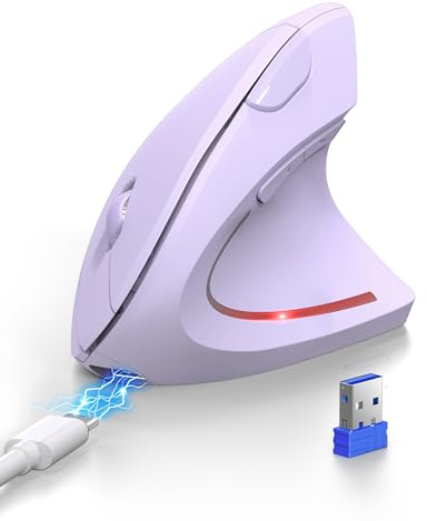 TECKNET Mouse Verticale, Mouse Bluetooth Ergonomico Ricaricabile, Wireless Ottico Right Handed 6 Pulsanti, Multi-dispositivo (BT5.0/3.0+USB-A), 4800 DPI 6 Livelli Regolabili, Ampia compatibilità-Viola