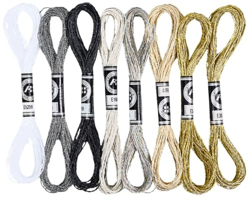 CABODYALS Hilo de Bordar Metálico de 64 m, 8 madejas, 8 Colores, Purpurina, Punto de Cruz, 12 Capas de Poliéster, para Pulseras de la Amistad, Costura, Tejido, Manualidades, Decoración