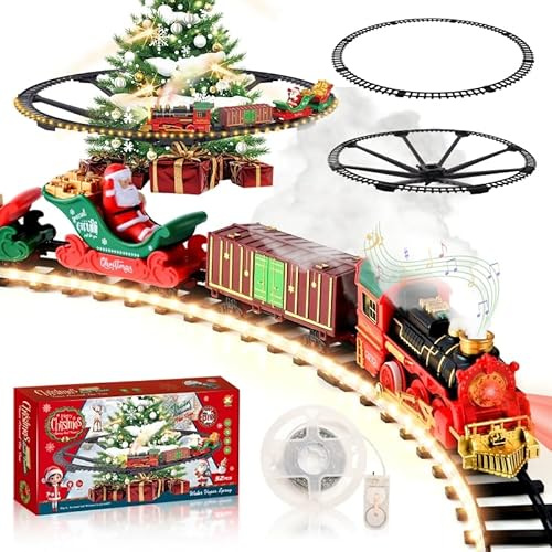 LTFIOON Tren Eléctrico de Navidad con Riel Luminoso - Tren Navideño para Árbol con Luces LED Cálidas, Spray y Sonido, Set Clásico de Trenes de Navidad para Niños 3 Años o Más - Regalo Mágico