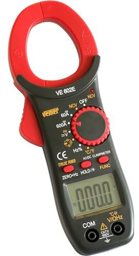 VEMER VE772500 VE 602E – Pinza Amperimétrica Digital Electricistas con Multímetro, NCV LED, CAT II 600V, 6000 Puntos, Medición de Corriente y Tensión AC/DC, Capacidad, Frecuencia, Temperatura Sonda K