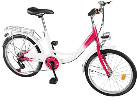DioPaiB Bicicleta de ciudad para adultos de 20 pulgadas, con luz delantera y guardabarros, bicicletas de 6 velocidades, altura regulable 155-170 cm, bicicleta para hombres y mujeres, color rosa