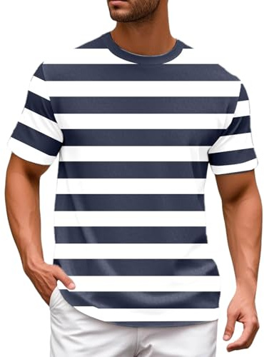Camisetas Hombre Europeo Bloque de Color Camiseta con Rayas Marino y Patrón Marinero Hombre Casual Holgado Cómodo Moda Verano Playa Cuello Redondo Manga Corta