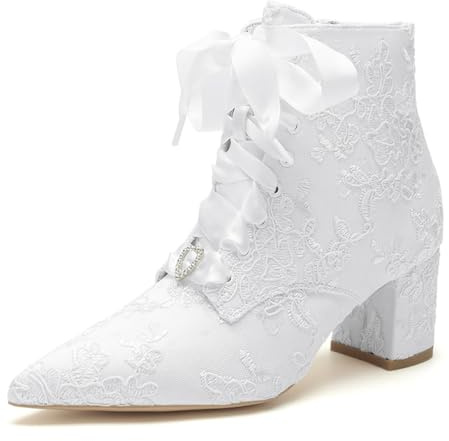 HFWXYSA Stivali da Sposa con Tacco A Blocco per Donne, Lacci, Zip Laterale, Punta Appuntita, Stivaletti Corti alla Caviglia,Bianca,42 EU