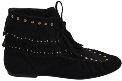 Stivaletto indianino Basso in Suede Nero con Borchie Dorate e Frange Mocassino Raso Terra Lacci Regolabili Tendenza (41 EU)