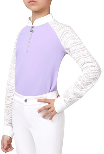 Charmsphere Girls Lace Long Sleeve Equestrian Shirt, Quarter Zip Youth Horse Riding Show & Training Top Light Purple L