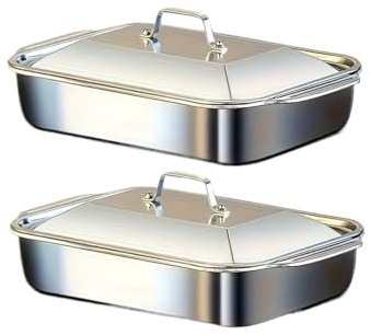 Generico Set di 4 teglie da forno in acciaio inossidabile con coperchi, piatto profondo 16''x9'' for pesce/pasta/grigliare pentole adatte al e lavastoviglie,2 l