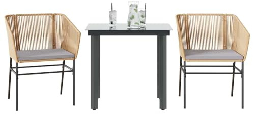 Mokuyary Grupo de comedor de jardín de 3 piezas con cojín, color marrón, poliratán de vidrio, muebles de jardín, comedor, comedor, resistente a la intemperie, balcón, terraza, 80 x 80 x 74 cm