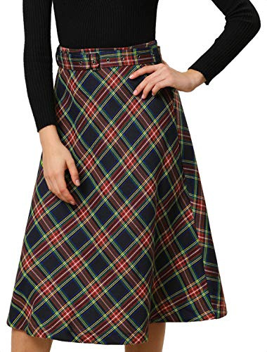 Allegra K Women's Tartan Plaid High Waist Belted Vintage A-Line Midi Skirt Dark Blue 16