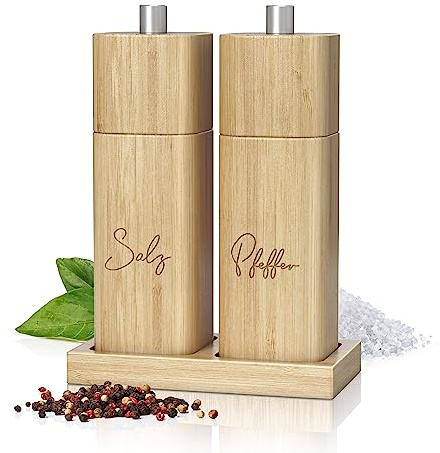 ELBFUCHS® Salz und Pfeffermühle Holz Groß [NEU] Zeitloses 2-er Set Pfeffer und Salzmühle mit Keramikmahlwerk | Gewürzmühle mit Untersetzer