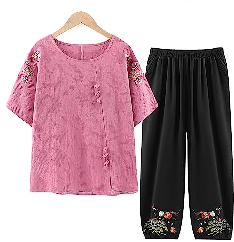QPZK Abito da donna Tang Hanfu abbigliamento tradizionale cinese, adulto anziano tai chi divisa per le donne arti marziali Kung Fu abbigliamento manica corta cappotto e pantaloni rosa-XL