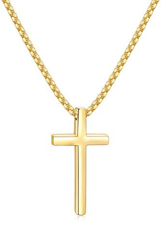 Fiusem 14k Gold Plated Mens Cross Necklaces, 2.5mm Cross Chain and Stainless Steel Cross Pendant Small, Box Chain 18 Inch