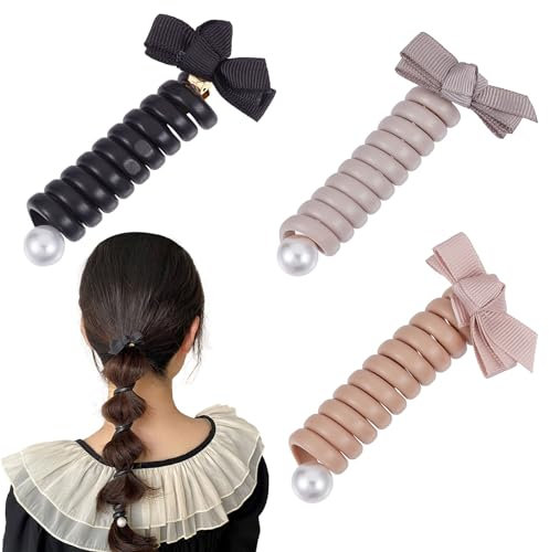NICENEEDED 4 PCS Bowknot Braided Telephone Wire Hair Bands, Plastic Scrunchies Phone Cord Hair Ties, Straight Spiral Ponytail Holder Hair Rope for Women Halloween