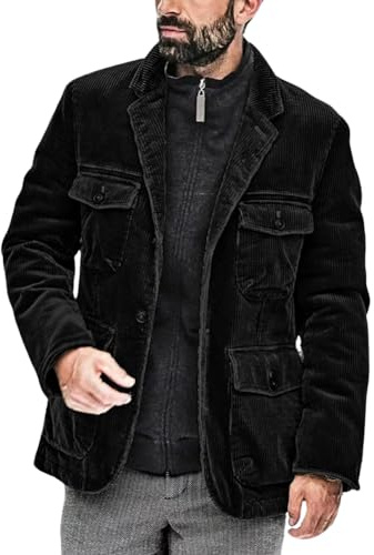 chouyatou Men's Vintage Corduroy Notched Lapel Button Down Business Blazer Jacket Sport Coat (X-Large, Black)