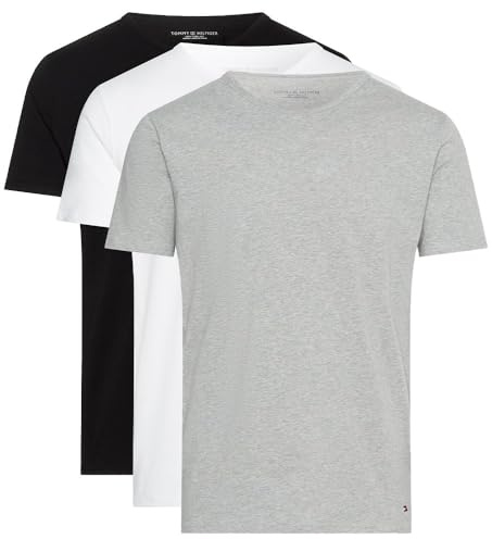 Tommy Hilfiger Men’s 3 Pack Short Sleeve Round Neck Stretch T-Shirts, Multicolor (Black/White/Grey Heather), M