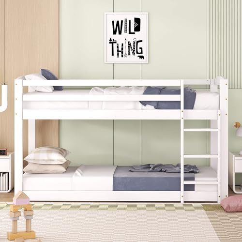 Estructura de cama para litera 90x200 cm con escalera y protección contra caídas, cama alta para niños con somier, montaje sencillo, cama de casa para 2 niños, marco de cama de madera maciza de pino