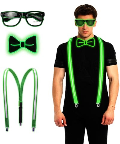 SKIKHN 3pcs Bretelles Lumineuses à LED pour Homme,Noeud Papillon LED,Lunettes Lumineuses,Accessoires LED Deguisement, Accessoires LED Deguisement pour Festival de Musique, Fête Costumée de Carnaval